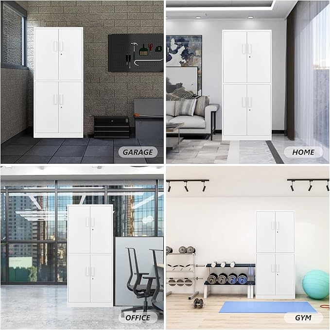 STANI Metal Storage Cabinet, Locking Steel Cabinet With 4 Doors and 2 Adjustable Shelves, 71" Lockable File Cabinet for Home Office, Garage, School (White)