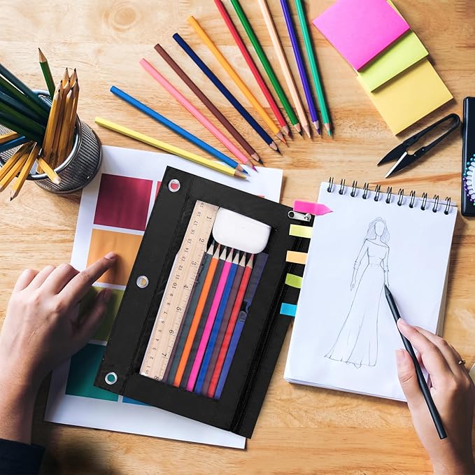 YoeeJob 60 Pack Zipper Pencil Pouch for 3 Ring Binder with Clear Window for School and Office Supplies (Black)