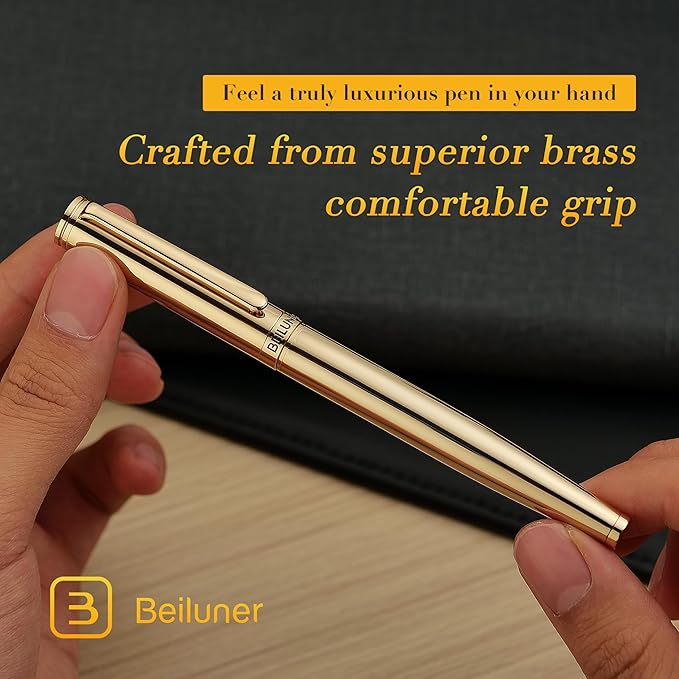 BEILUNER Gold Fountain Pen,Stunning Luxury Pens with 24K Gold Accents, Gorgeous 24K Gilded Nib(Fine), Ink Converter,Fancy Pen Gift for Men&Women-Elegant, Graduation, Office, Reliable,Nice for Writing