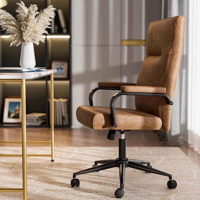 Brown Leather Office Chair with Wheels, Memory Foam Height Adjustable Computer Deak Chair, Rolling Swivel Executive Chair for Home Office