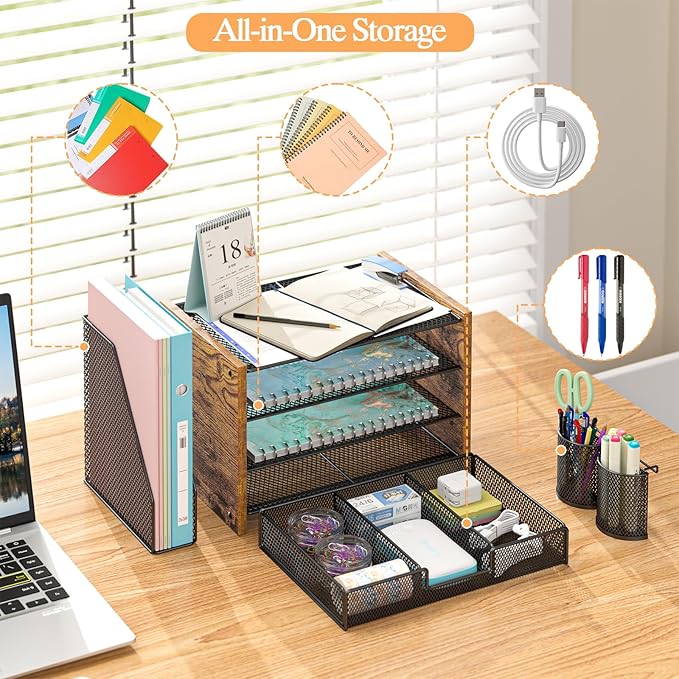 Wooden Desk Organizers and Accessories with File Holder, 4-Tier Paper File Organizer with Drawer & 2 Pen Holders, Office Desk Accessories, Desktop Organizer and Storage for Home Office Supplies