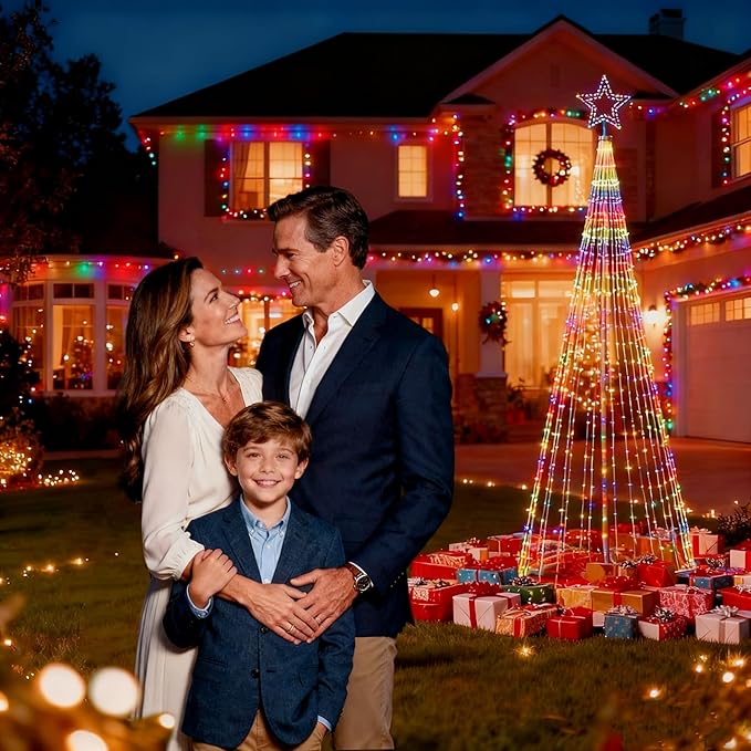 12Ft Outdoor Lighted Christmas Tree Lights Cone Tall Star Topped Artificial Christmas Trees Arbol de Navidad Outside Decor for Xmas New Year Holiday Multicolor/WarmWhite