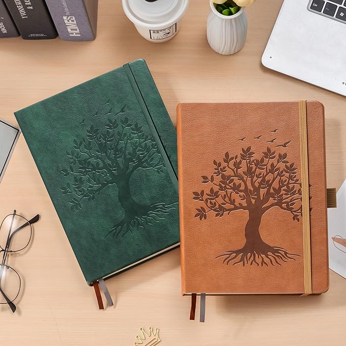 ZXHQ A5 Bullet Dotted Journal Notebook-150gsm Thick Paper, 256 Pages, Dot Grid Hardcover, Tree of Life Design, Fine Inner Pocket - 5.9" × 8.5" Brown
