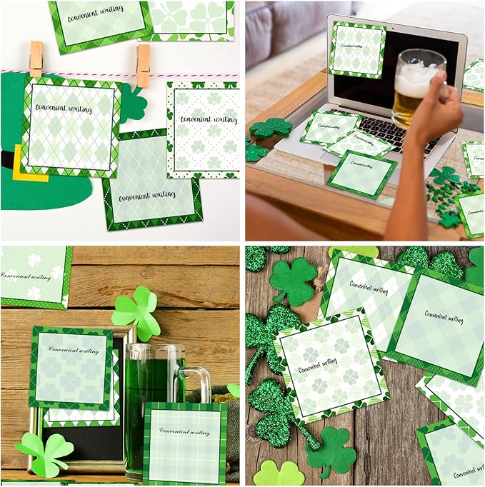 16 Pieces St. Patrick's Sticky Notes Shamrock Sticky Notes Self-Adhesive St. Patrick's Sticky Note Pads Sticky for School Office Home Supplies Students Teachers Gift