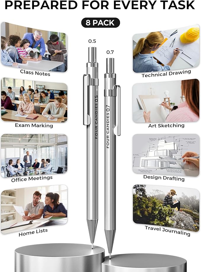 Four Candies 8PCS Metal Mechanical Pencils - 0.5 & 0.7mm with 8 Tubes HB #2 Lead Refills, Eraser Set and Eraser Refills, 20-Count Pack with Case, Lead Pencils Mechanical for Writing, Drawing, Drafting