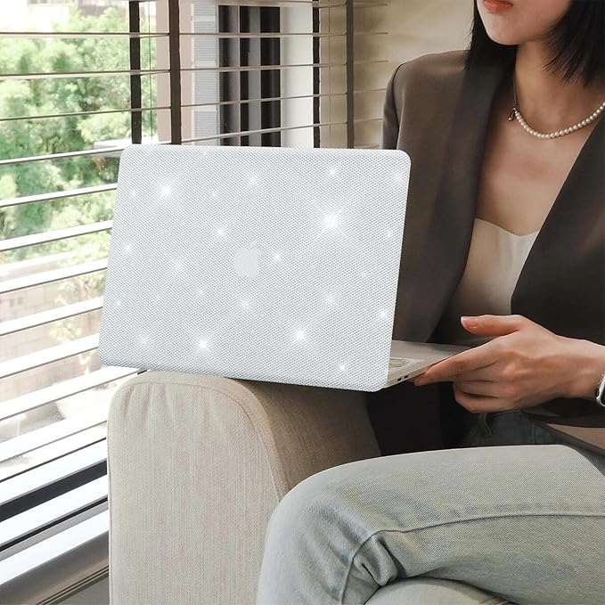 KEROM Bling Glitter Case for MacBook Pro 16 inch 2024-2021 M4 M3 M2 M1 Pro/Max Chip A3403 A3186 A2991 A2780 A2485, Luxury Bedazzled Shiny Sparkle PU Leather Hard Shell Case & Keyboard Cover, White