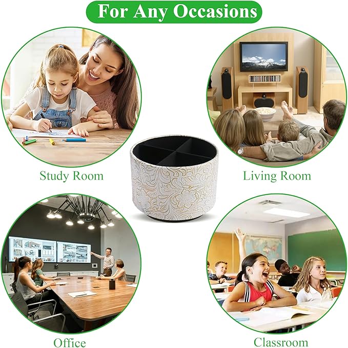 lizimandu Round Leather Art Supply Organizer,Remote Control Holder,360 Degree Spinning,Multi-Functional Pencil Holder,4 Compartments Desktop Stationary Organizer(1-Carved White Gold)