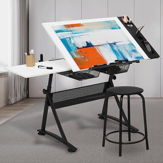 MoNiBloom Art Deco Drafting Table, Height-Adjustable, Tiltable Tabletop, Stool for Reading Writing Painting, Homeschooling Desk for Children with 2 Storage Drawers