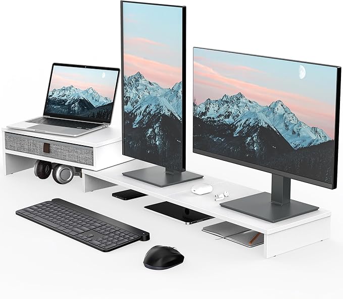 Fenge Computer Monitor Riser Stand with Drawer for 2 or 3 Monitors ,Adjustable Length and Angle Desktop Laptop Stand,Office Organizer,Printer,White