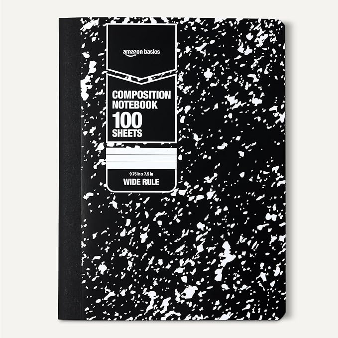 Amazon Basics Composition Notebook, Wide Ruled, 100 Sheets, 1 pack, Marble Black, 9.75" x 7.5"
