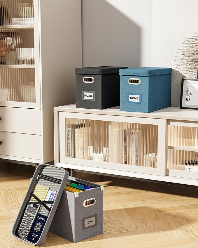 Oterri File Organizer Box with Lid, Hanging Filing File Box with Mesh Pocket, Document Organizer Box for Letter Files, Portable Storage Box with Smooth Sliding Rail for Office&Home(1 PCS, Grey)