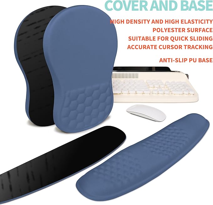 2-in-1 Ergonomic Set, Wave Rise Keyboard Wrist Rest and Massage Bulge Slope Mouse Pad Wrist Support, Cushion Memory Foam Integrated to Relieve Wrist Pain, Dark Blue