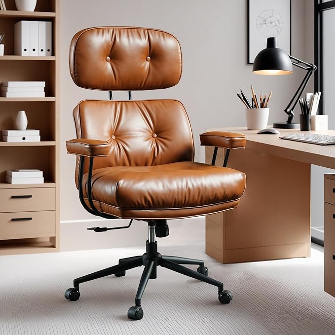 ovios Home Office Chair, Mid-Century Modern Faux PU Leather Chairs with Lumbar Support Comfy Thick Cushion, High Back Ergonomic Swivel Rolling Executive Armchair (Brown, PU Leather)