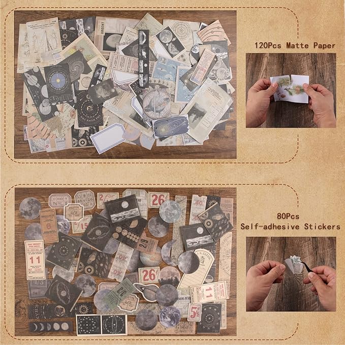 200Pcs Vintage Scrapbook Stickers, Aesthetic Junk Journal Stamping Supplies Kit, Scrapbooking Ephemera Washi Paper for Bullet Journaling Planners Diary Collage (Celestial)