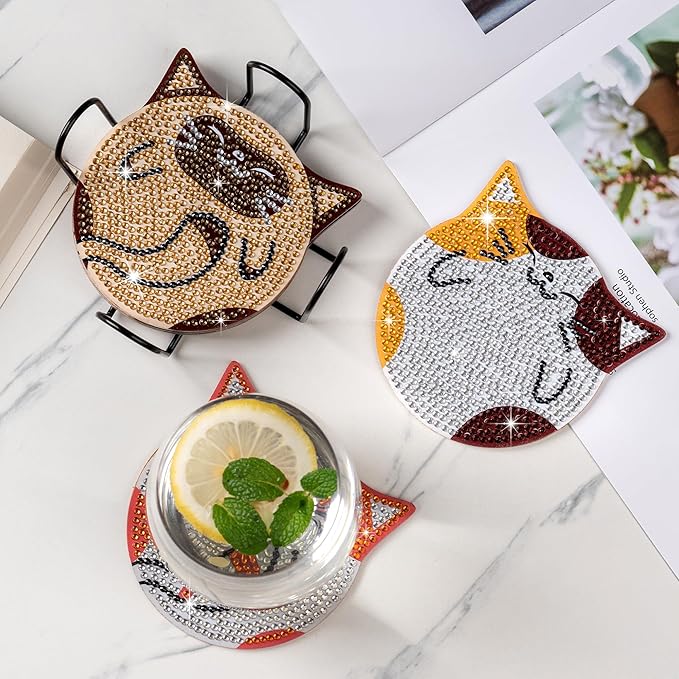 handlish 6 Pieces of Cute cat Diamond Art Coaster with Stand, Adult and Child Diamond Painting Art Set, DIY Diamond Art for Beginners, Family Craft Items (CAT)