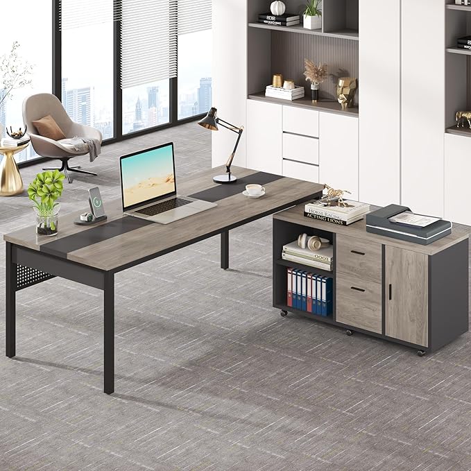 Tribesigns 70.8" Large Executive Office Desk and 47" Lateral File Cabinet Combo, L-Shaped Computer Desk Business Furniture with Drawers and Shelves, Home Office Workstation, Grey & Black