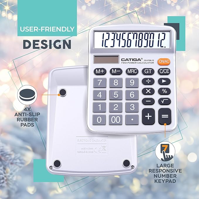 CATIGA 12 Digits Desktop Calculator with Large LCD Display, Dual Solar Power and Battery, Standard Function for Office, Home, School, CD-2786