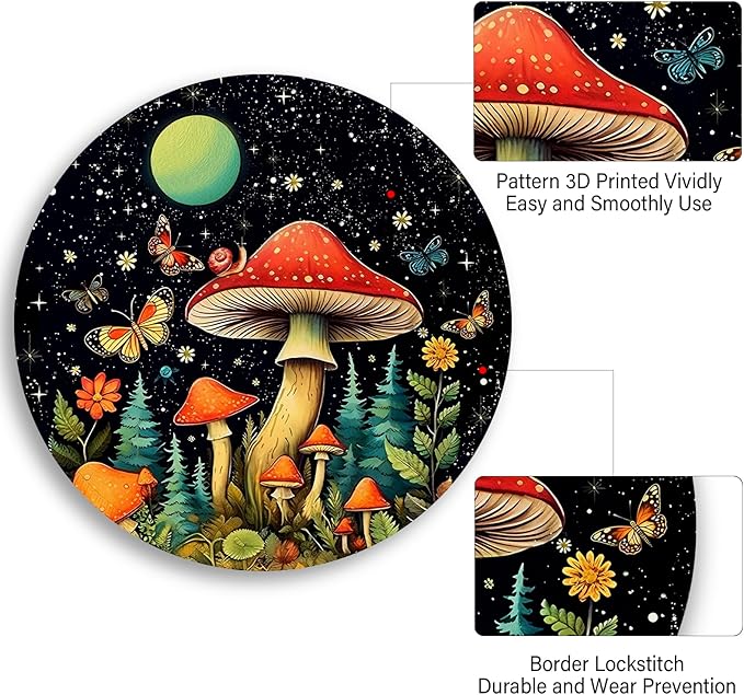 Mushroom Mouse Pad, Round Mouse Pads for Desk, Small Mini Travel Mousepad with Non-Slip Rubber Base for Work Wireless Computer Laptop, Cute Office Desk Accessories, 8.6 x 8.6 inch
