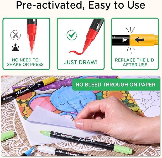 Overseas Green Acrylic Paint Markers, 2 Pack Dual Tip Paint Pens Acrylic Markers with Dot and Brush Tip, Coloring Marker for Wood, Rock, Canvas, Glass, Metal, Ceramic, Plastic, Fabric, School Supplies