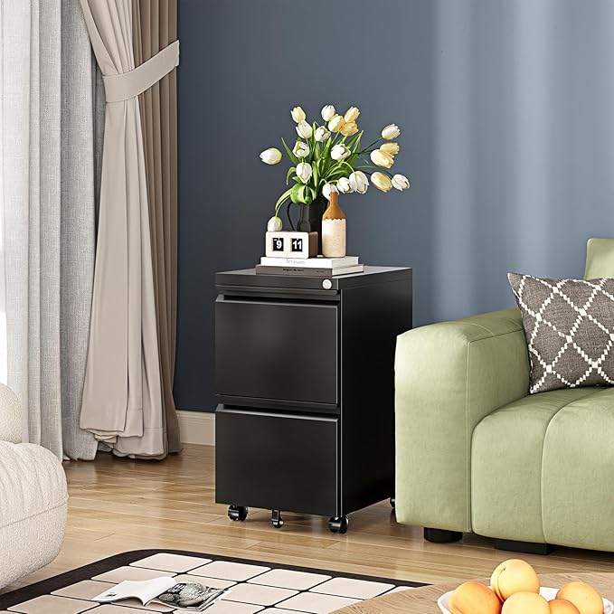 2 Drawer File Cabinet On Wheels Mobile File Cabinet with Lock Under Desk Metal Filing Small Rolling Black Printer Stand for Home Office Assembly Required