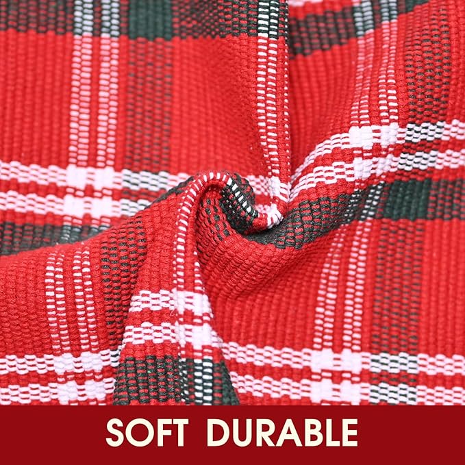 Christmas Red Green White Plaid Rug, 24"x 51" Cotton Hand-Woven Buffalo Check Layered Door Mat for Front Porch, Entryway, Outdoor Holiday Decor, Washable Farmhouse Rug for Home, Patio, Kitchen