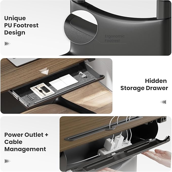 COLAMY Electric Adjustable Standing Desk – 48 x 28 Inch Sit Stand Desk with Drawer & Cable Management, Dual Motor Lift System, Ergonomic Footrest, Home Office Table (MFC Desktop, Walnut + Black)