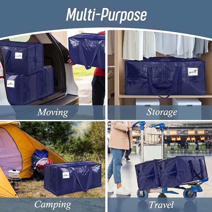 6 Pack Extra Heavy Duty Large Moving Bags with Strong Zipper & Comfortable Handles, Sturdy & Durable Clothes Storage Bags Totes Bins, Blue Packing Moving Boxes for College Supplies, Dark Blue