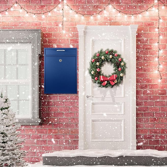 Locking Mailbox with Key for Outdoor 16.2 x 11.2 x 4.7 Inches Large Wall Mount Mail Box with Lock Security Mail Drop Metal Collection Boxes Hanging Secure Postbox(Dark Blue)