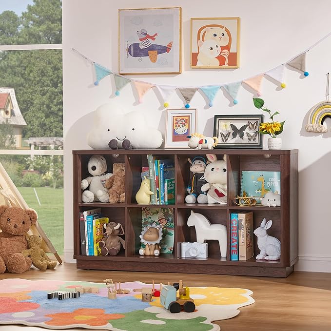 8 Cube Bookcase, 52" Long Horizontal Book Shelf w/Curved Edge, Floor Standing 2-Tier Cubby TV Stand Bookshelf with Wooden Base, Farmhouse Low Storage Cabinet for Living Room, Office, Walnut