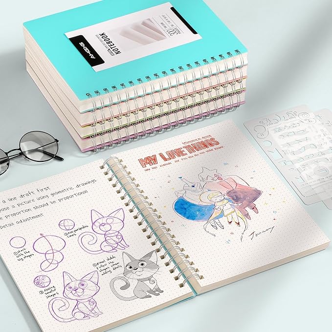 AHGXG Bullet Dotted Journal Spiral Notebook - 300 Pages Dot Grid Notebook B5 Thick Journal, 100GSM Thick Dotted Paper, Plastic Hardcover, with Journal Stencils, 7.3"X 10" - Blue