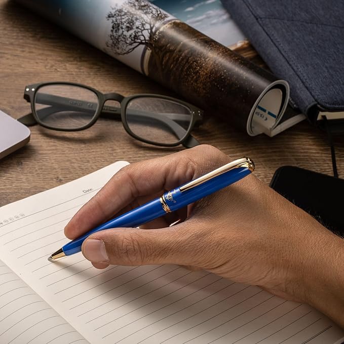 ZenZoi Blue Ballpoint Pen - Premium Writing Instrument for Men or Women With Gold Trim, Smooth Writing Schmidt Ink Refills, Luxury Gift Set, High-End, Retractable, Professional for Journaling