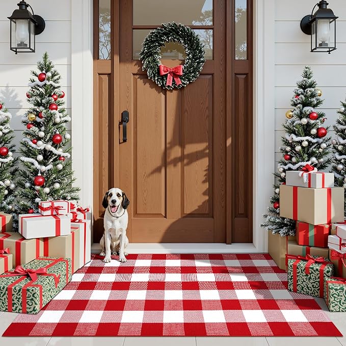 KIMODE Christmas Door Mats Outside 3'x5', Red and White Buffalo Plaid Rug, Farmhouse Christmas Front Door Mat, Washable Reversible Outdoor Christmas Decor for Front Porch Entryway Kitchen
