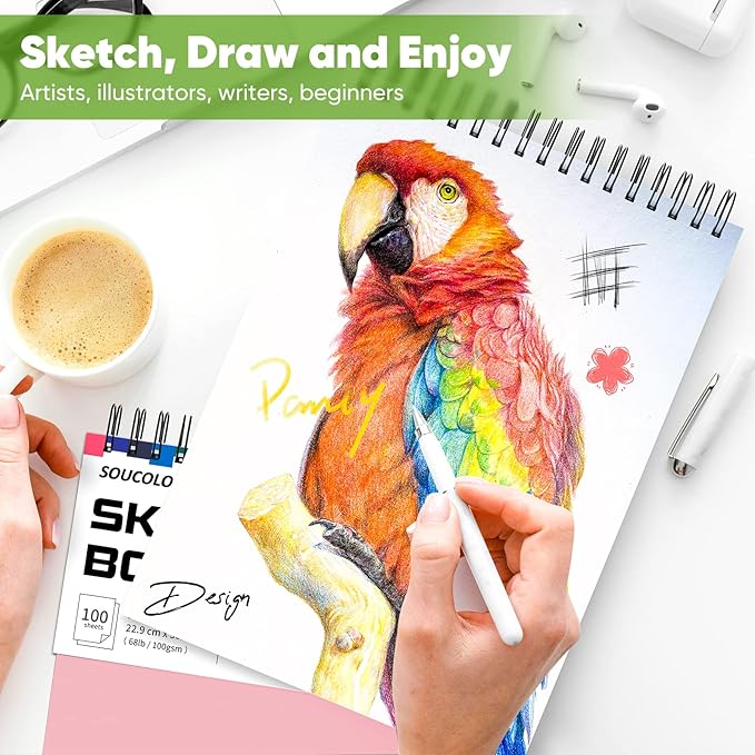 Soucolor Art Supply Set - Sketching & Drawing Kit, 9" x 12" Sketch Book, 2-Pack 100 Sheets Spiral Bound Art Sketchbook, Acid Free