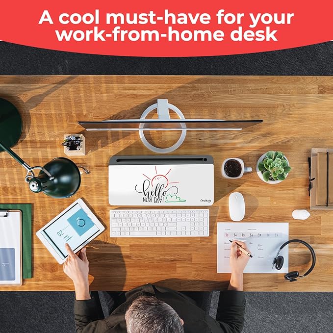 Chalkola Glass Desktop Whiteboard with Storage - Dry Erase Board, Work Desk Organizers, Computer Keyboard Stand, Home Office Desk Accessories, Small White Board, Workspace Desktop Buddy + 3 Markers