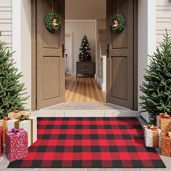 Christmas Door Mat Outdoor 35"x59", Red/Black Buffalo Plaid Front Porch Rug Cotton Hand-Woven Washable Layered Door Mats,Reversible Checkered Floor Rugs for Home Decor Outside