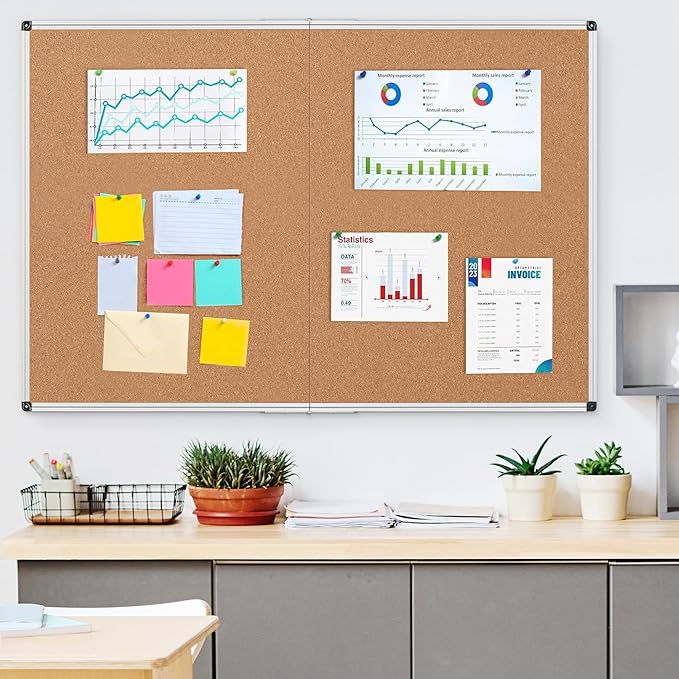 Board2by Extra Large Cork Bulletin Board 60" X 48", Foldable Notice Pin Board for Wall, Silver Aluminum Framed 5'x4' Corkboard, Wall Mounted Noticeboard with 36 Push Pins for School, Home & Office