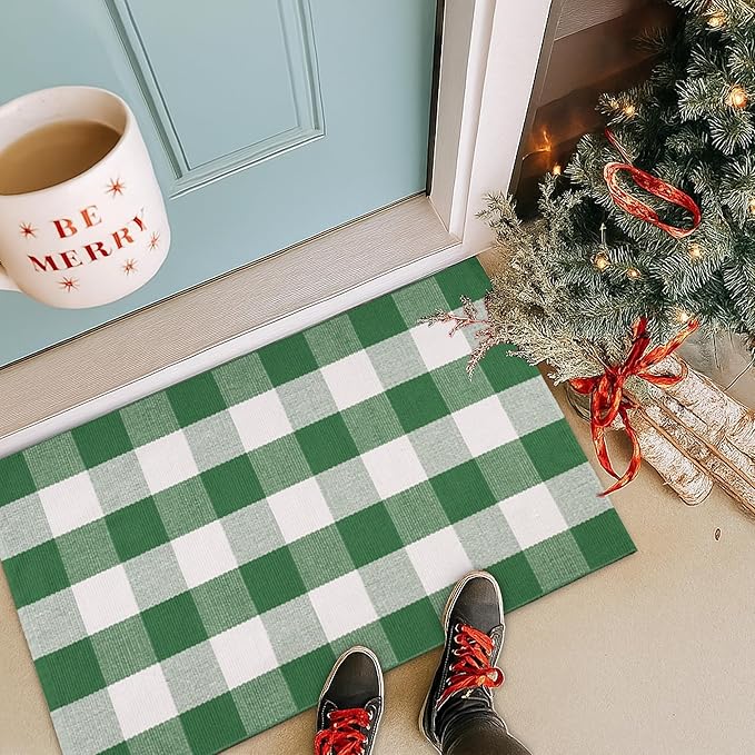Christmas Green & White Plaid Rug - 3' x 5' Outdoor Front Door Decor Mat Cotton Washable Hand-Woven Rug Christmas New Year Holiday Porch Entryway Layered Doormat