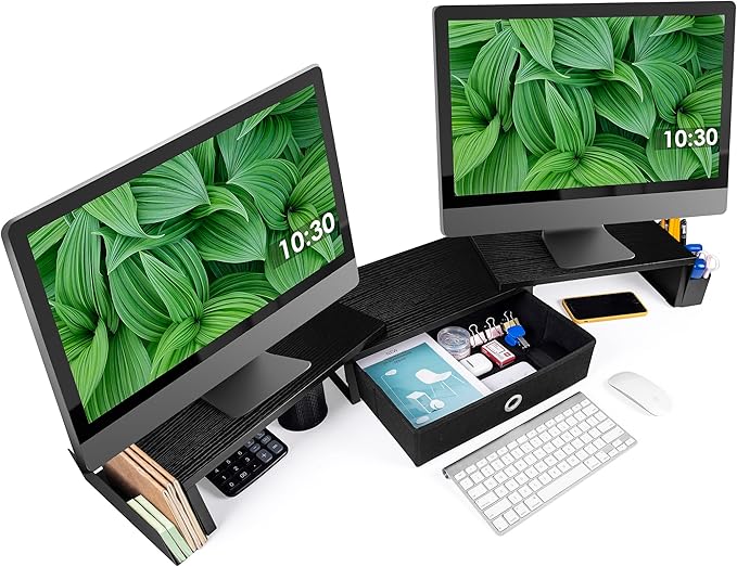 Dual Monitor Stand Riser w/ Drawer & Metal Leg, Large Computer Monitor Riser w/ Storage For 2 Monitors, Desk Shelf For Monitor w/ Adjustable Length & Angle, Desktop Organizer For Laptop/TV/Printer