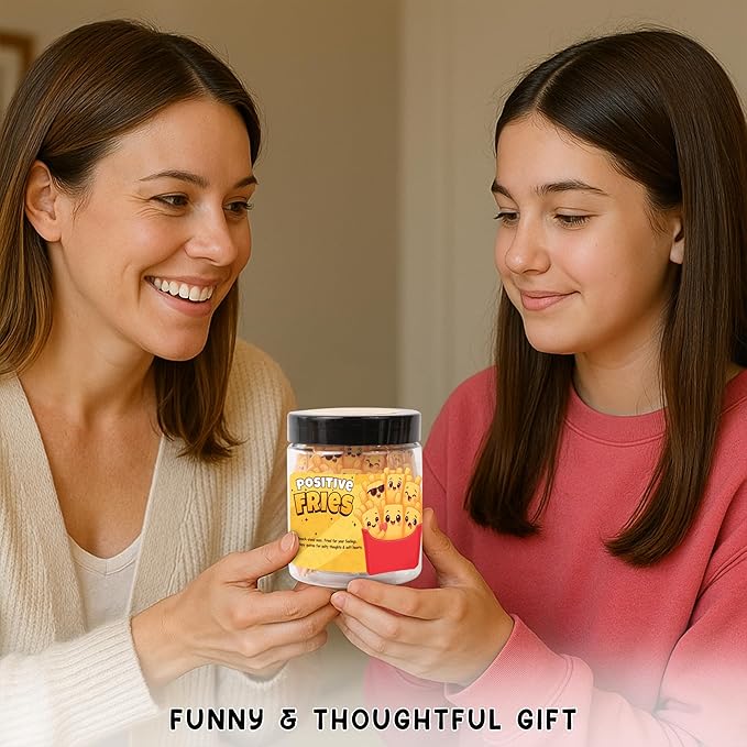 Positive Fries Jar ā 60 Funny Affirmation Cards, Emotional Support Fries for Friends, Teens, Coworkers, Funny Foodie Gifts for Stress Relief and Positivity