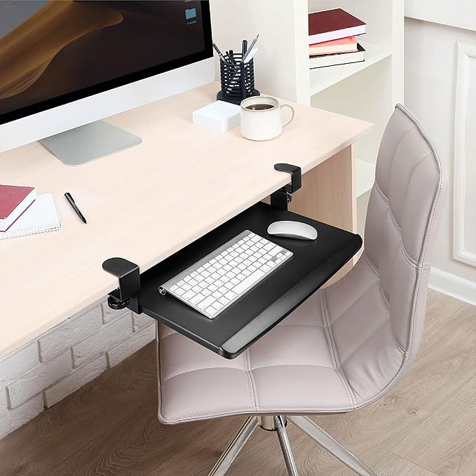 EHO Prime Desk Clamp Keyboard Tray, Under Desk Sliding Retractable Drawer, Ergonomic Space-Saving Platform for Standard Keyboards, Large 20" x 11.5" Workstation Extension