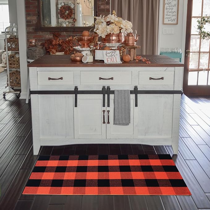 Buffalo Plaid Outdoor Rugs, 2'x4'3'' Orange and Black Checkered Indoor/Outdoor Area Rug, Layering Rug for Hello/Welcome Door Mat, Washable Cotton Woven Farmhouse Mat for Fall Front Porch Décor