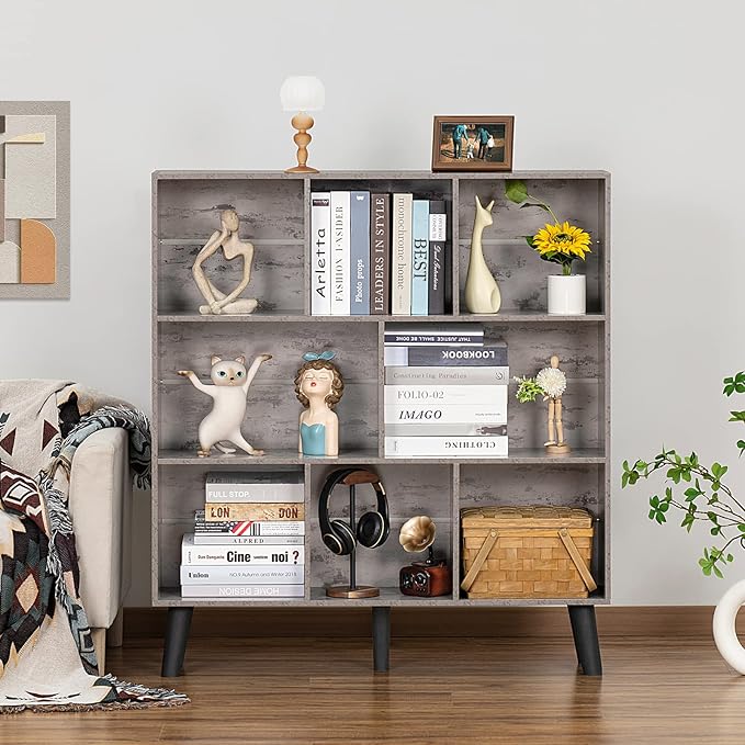 LEYAOYAO 8 Cube Bookshelf,Farmhouse Bookcase with Legs,Modern Dirty Grey Mid-Century Bookshelves,Large 3 Tier Open Storage Organizer Shelf, Retro Wood Display Book Case