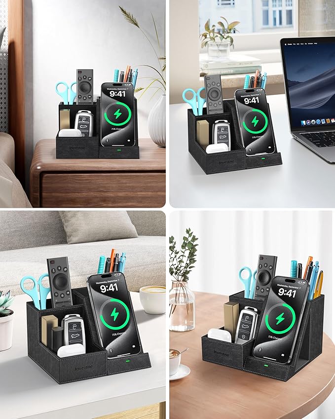 Wireless Charger with Desk Organizer, Pen Pencil Holder, Multifunctional Desktop Organizer, Office Supplies and Desk Accessories Organizer with 3 Compartments and 1 Phone Stand, PU Black