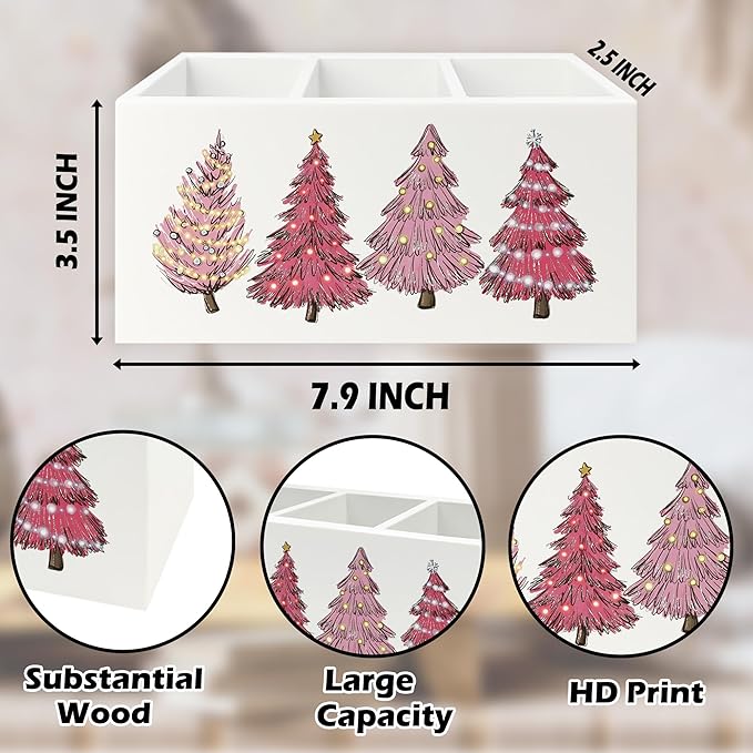 Pink Christmas Tree Pen Pencil Holder Organizer for Desk, Preppy Girly Xmas Holiday Wooden Box Signs Decorations for Girls Room Home Office Desk Tabletop, Girly Christmas Decor