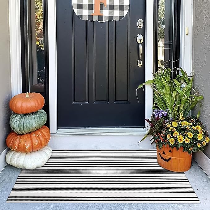 OJIA Black and White Outdoor Rug 2'x4.3', Christmas Door Mats Outdoor Cotton Woven Holiday Doormat Front Porch Rug Machine Washable Indoor Door Mat Entryway Striped Rugs for Farmhouse/Kitchen