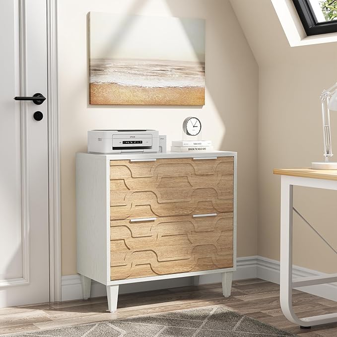 LITTLE TREE 2-Drawer File Cabinet, Lateral Filing Cabinet for A4/Letter/Legal Size, Office Storage Cabinet, Printer Stand with Storage Drawer for Home Office, Wood & White