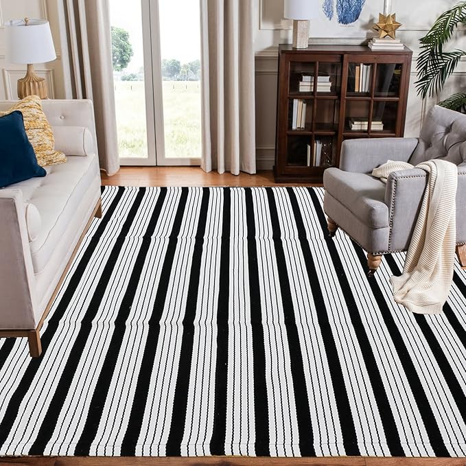 CAINANEL Black and White Striped Outdoor Rug 4' x 6' Front Porchr Mat Handwoven Cotton Indoor/Outdoor Rug for Layered Door Mats,Welcome Door Mat, Front Porch,Farmhouse,Entry Way