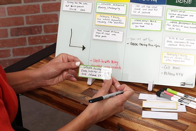 Double Sided Desktop WhiteBoard Kanban Set with Stand.18 x11,Dry Erase Glass Board, 24 Reusable Task Cards, 6 Markers, Accessories. Portable Project Management Planning Productivity WhiteBoard Kit