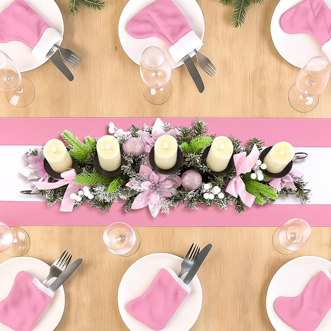 Yungyan Christmas Tabletop Centerpiece 30 Inch, Includes 5 Battery Operated LED Candle Holders, Pink Poinsettia Flowers, Pink Bow, Pine Cones and Base, Christmas Artificial Dinner Table Decorations