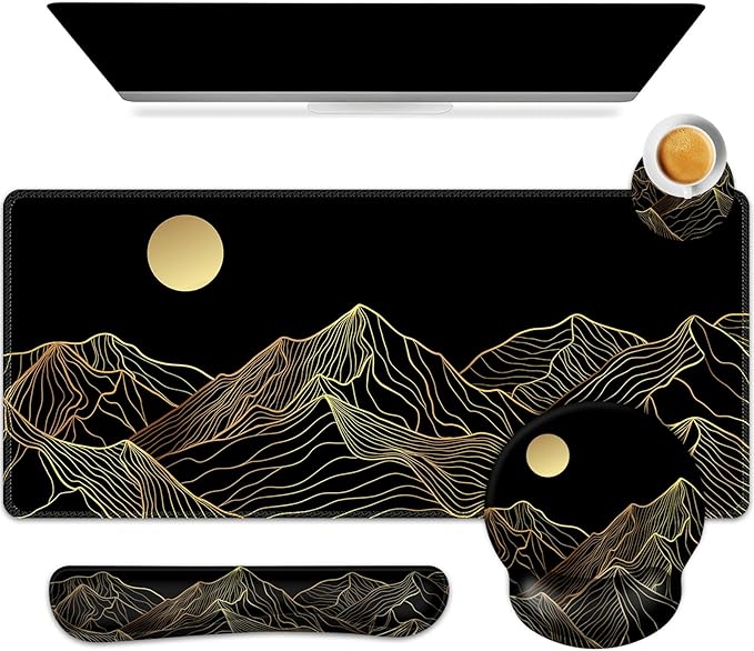 ARTSO Large Mouse Pad Keyboard Wrist Rest Combo, Ergonomic Mouse Pad with Wrist Support, Extended Non-Slip Desk Mat Protector, 4-in-1Set Desk Blotter for Office Home, Golden Sun Mountain